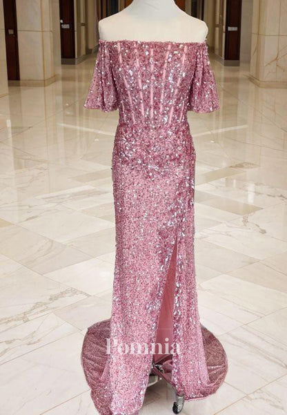 Sheath Column Beading Off-Shoulder Short Sleeves Prom Dress