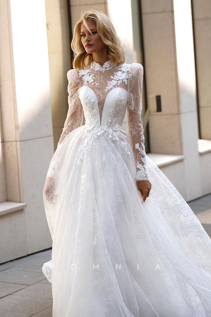 P3132 - A-Line Illusion Neck Empire-Waist Long Sleeves Lace Appliques Bohemian Wedding Gown