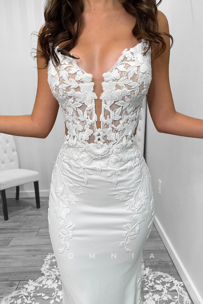 P3126 - Mermaid Spaghetti Straps Lace Appliques V-Neck Long Bohemian Wedding Dress