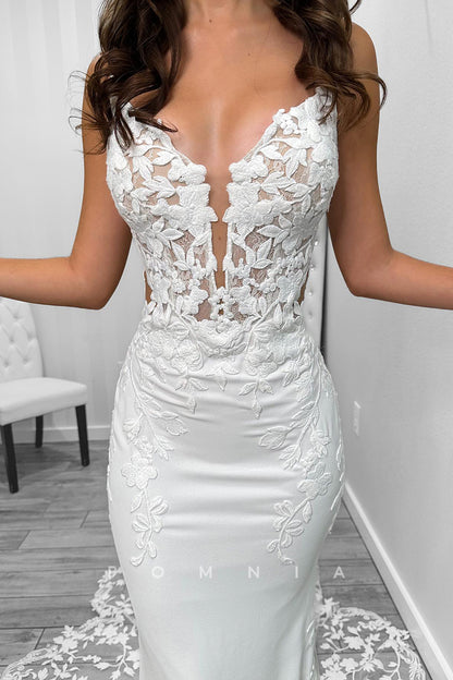 P3126 - Mermaid Spaghetti Straps Lace Appliques V-Neck Long Bohemian Wedding Dress