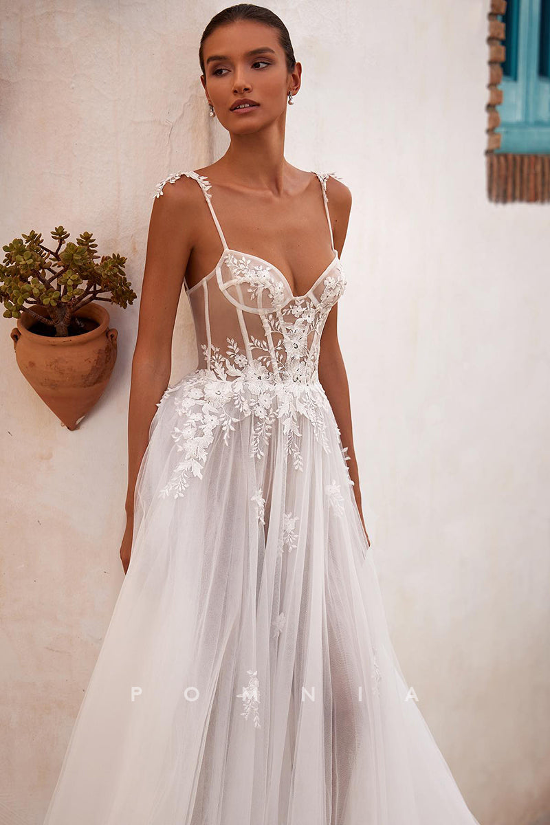 P3113 - A-line Sweetheart Lace Appliques Sleeveless Tulle Long Boho Wedding Dress