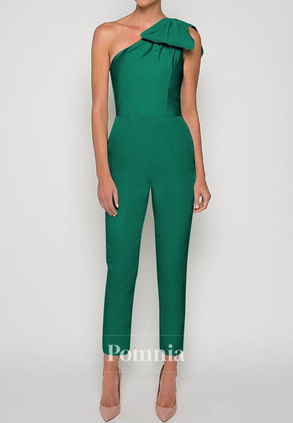 Simple One Shoulder Sleeveless Jumpsuit Satin Evening Dress