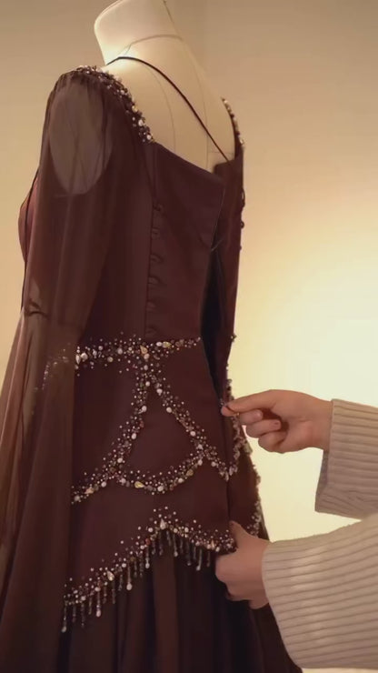 Cabernet Long Sleeves Square Sequins A-Line Prom Dress