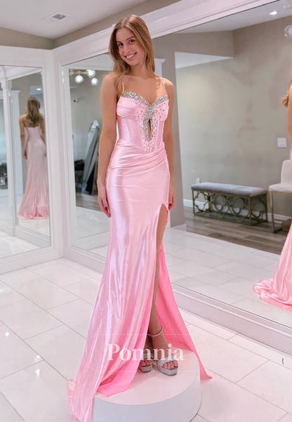 Pink Spaghetti Straps Sweetheart Prom Dress with Slit Sequins Evening Party Dress