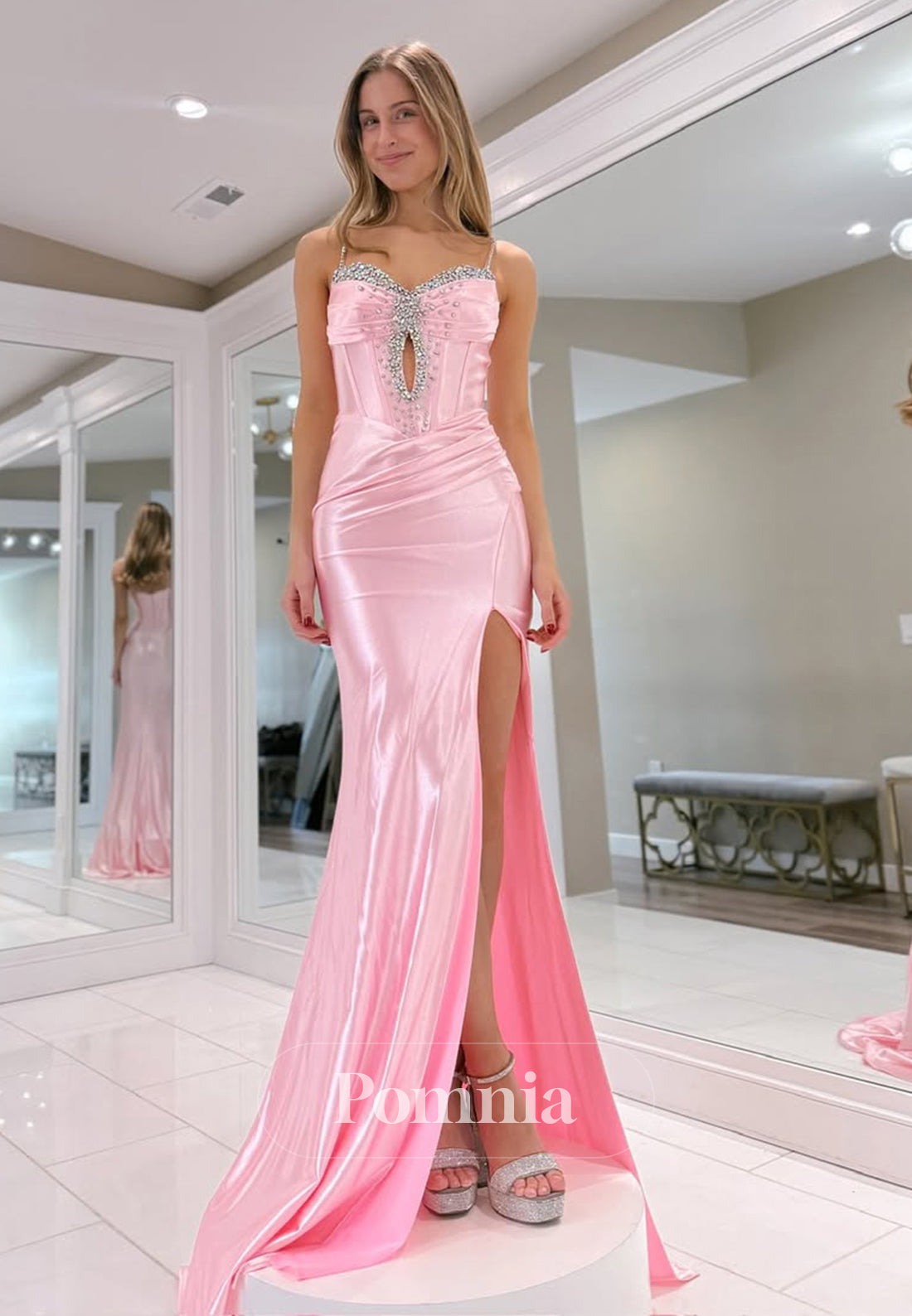 Pink Spaghetti Straps Sweetheart Prom Dress with Slit Sequins Evening Party Dress