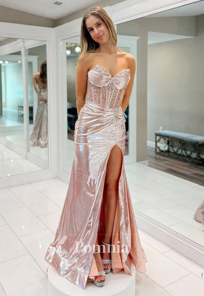 Rose Petal Sleeveless Sweetheart Prom Dress with Slit Corset Tulle Evening Party Dress