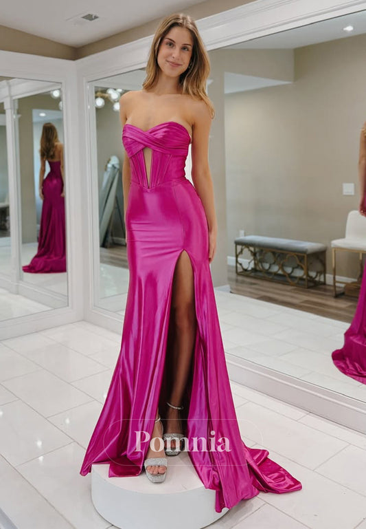Simple Sleeveless Strapless Prom Dress with Slit Corset Evening Party Dress