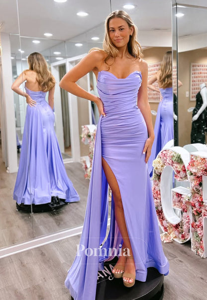 Sheath Lilac Sleeveless Prom Dress with Slit Ruched Evening Party Dress