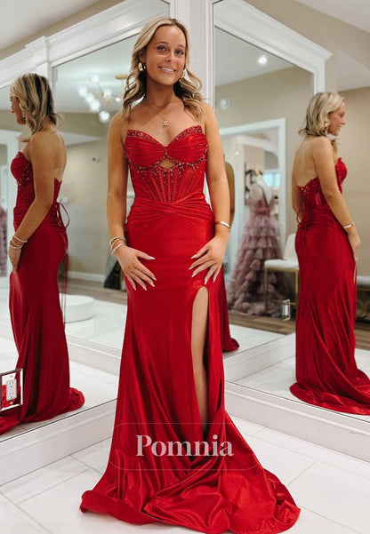 Red Sleeveless Sweetheart Prom Dress with Slit Sequins Evening Party Dress