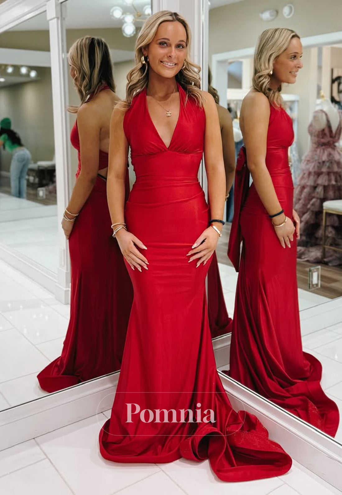Red Halter Sleeveless Prom Dress with Train Backless Evening Party Dress