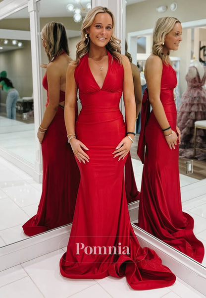 Red Halter Sleeveless Prom Dress with Train Backless Evening Party Dress