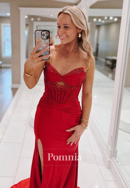 Red Sleeveless Sweetheart Prom Dress with Slit Sequins Evening Party Dress