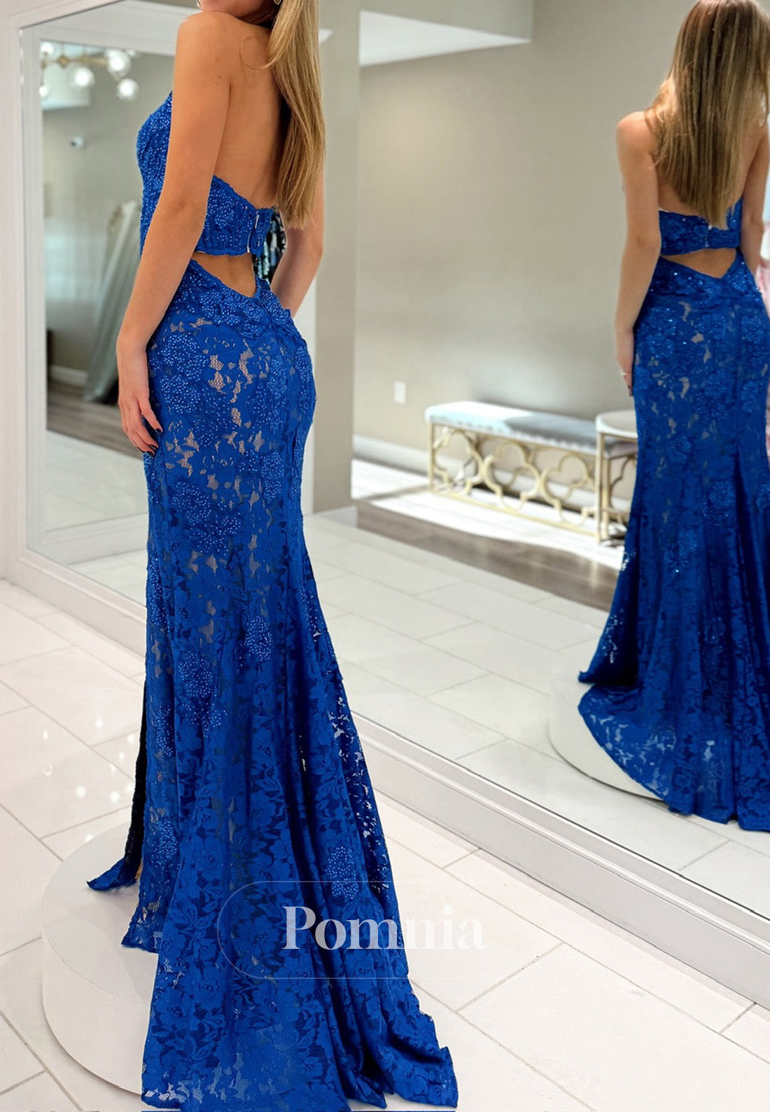 Blue Jay Halter Sleeveless Backless A-Line Prom Dress