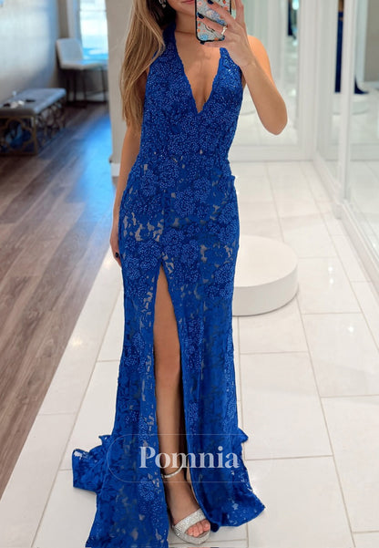 Blue Jay Halter Sleeveless Backless A-Line Prom Dress