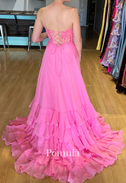 Blushing Pink Sleeveelss Sweetheart Slit Ruffles Prom Dress