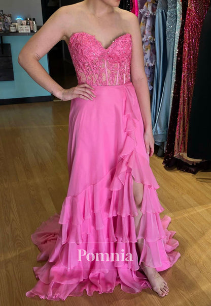 Blushing Pink Sleeveelss Sweetheart Slit Ruffles Prom Dress