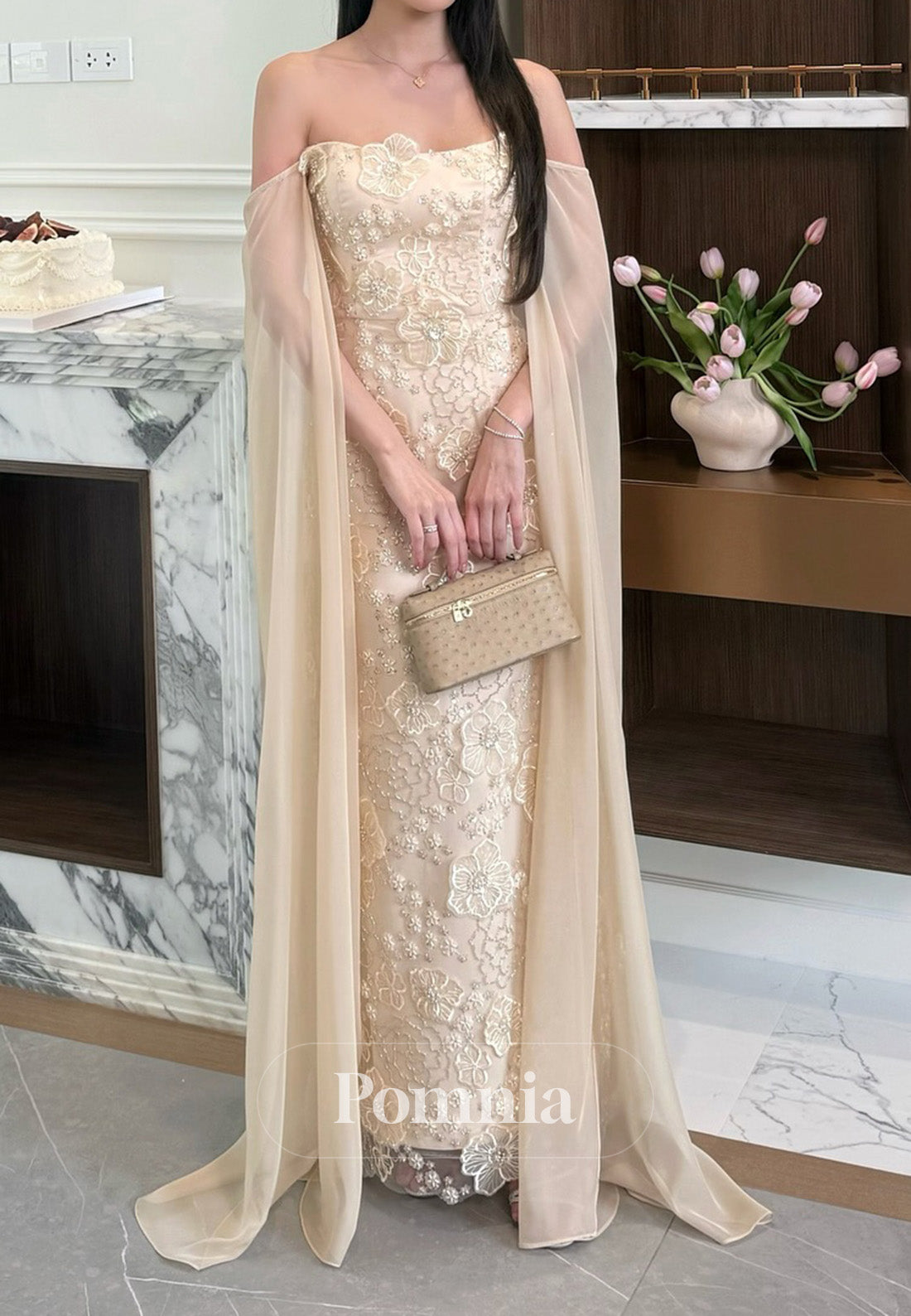 Simple Cape Square A-Line Floral Appliques Prom Dress