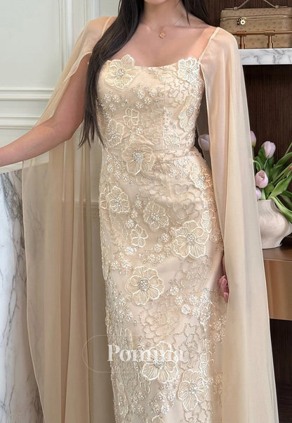 Simple Cape Square A-Line Floral Appliques Prom Dress