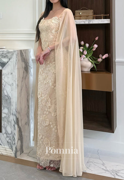 Simple Cape Square A-Line Floral Appliques Prom Dress