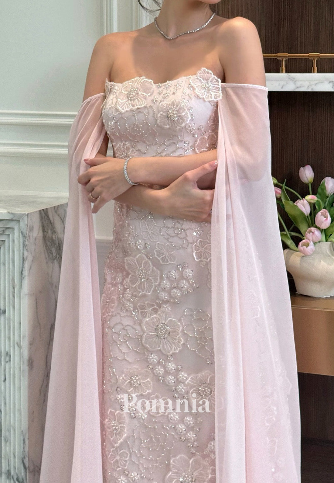 Simple Cape Square A-Line Floral Appliques Prom Dress