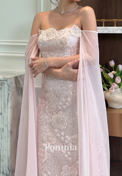 Simple Cape Square A-Line Floral Appliques Prom Dress