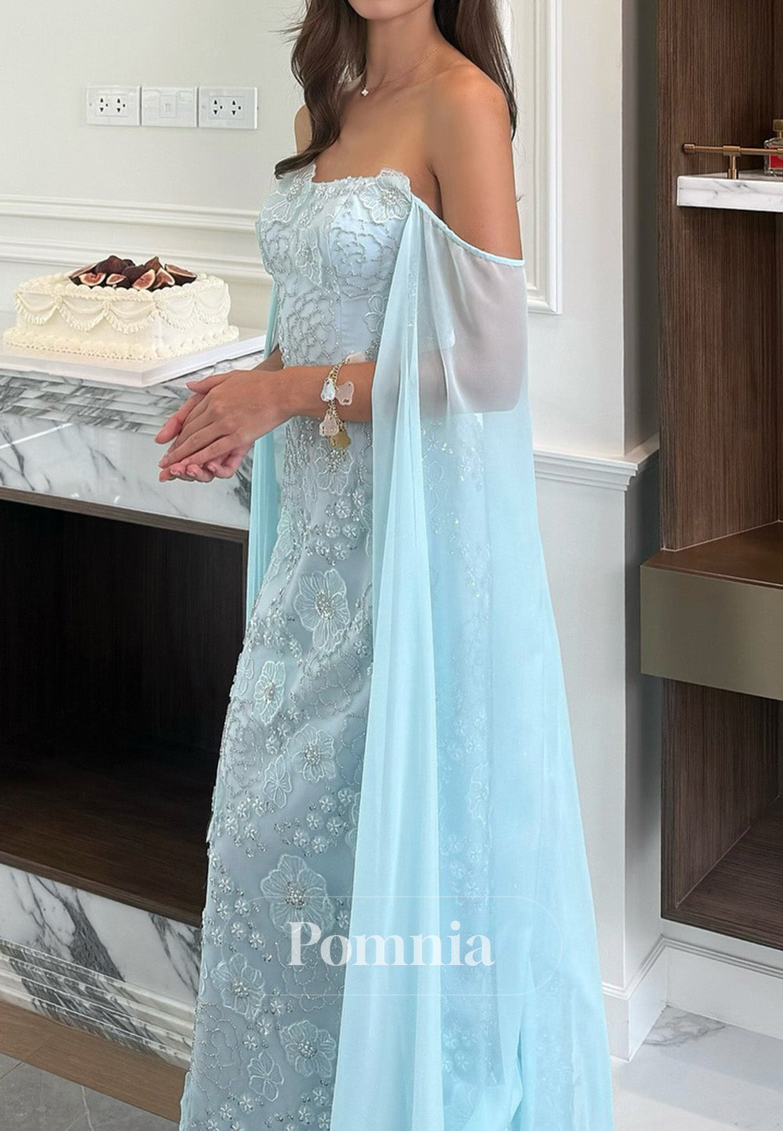 Simple Cape Square A-Line Floral Appliques Prom Dress