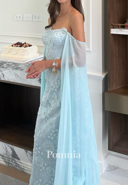 Simple Cape Square A-Line Floral Appliques Prom Dress