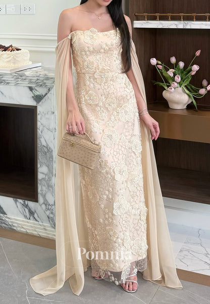 Simple Cape Square A-Line Floral Appliques Prom Dress