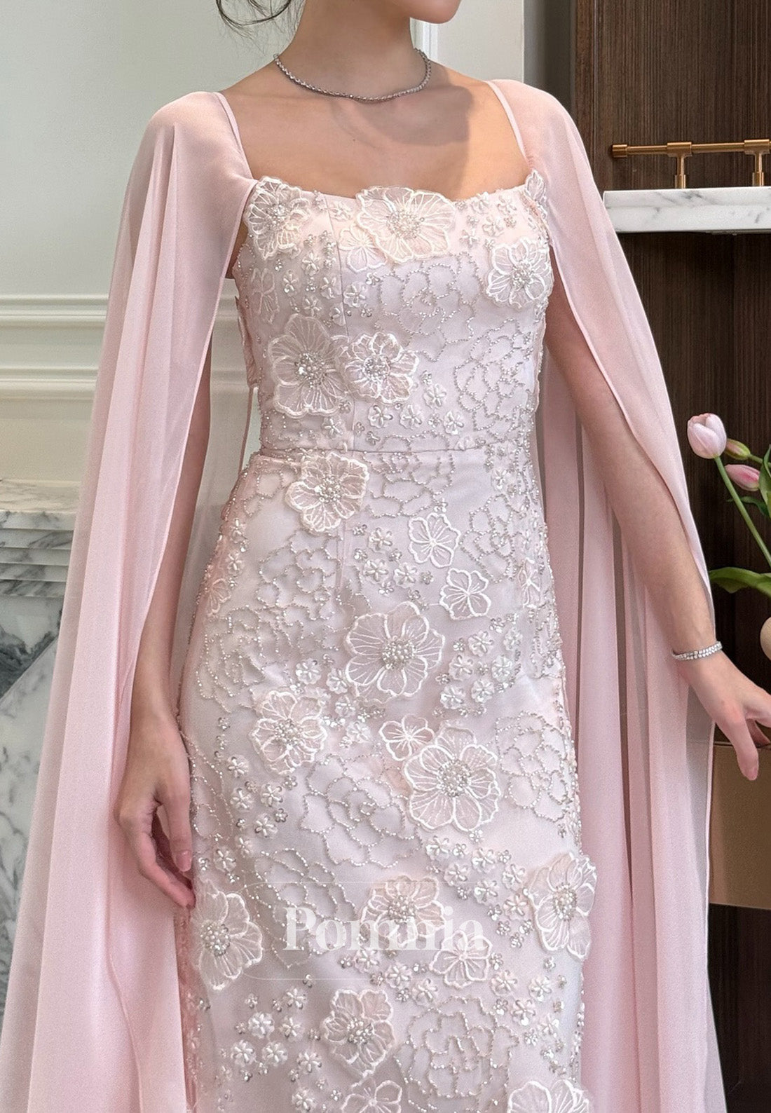 Simple Cape Square A-Line Floral Appliques Prom Dress