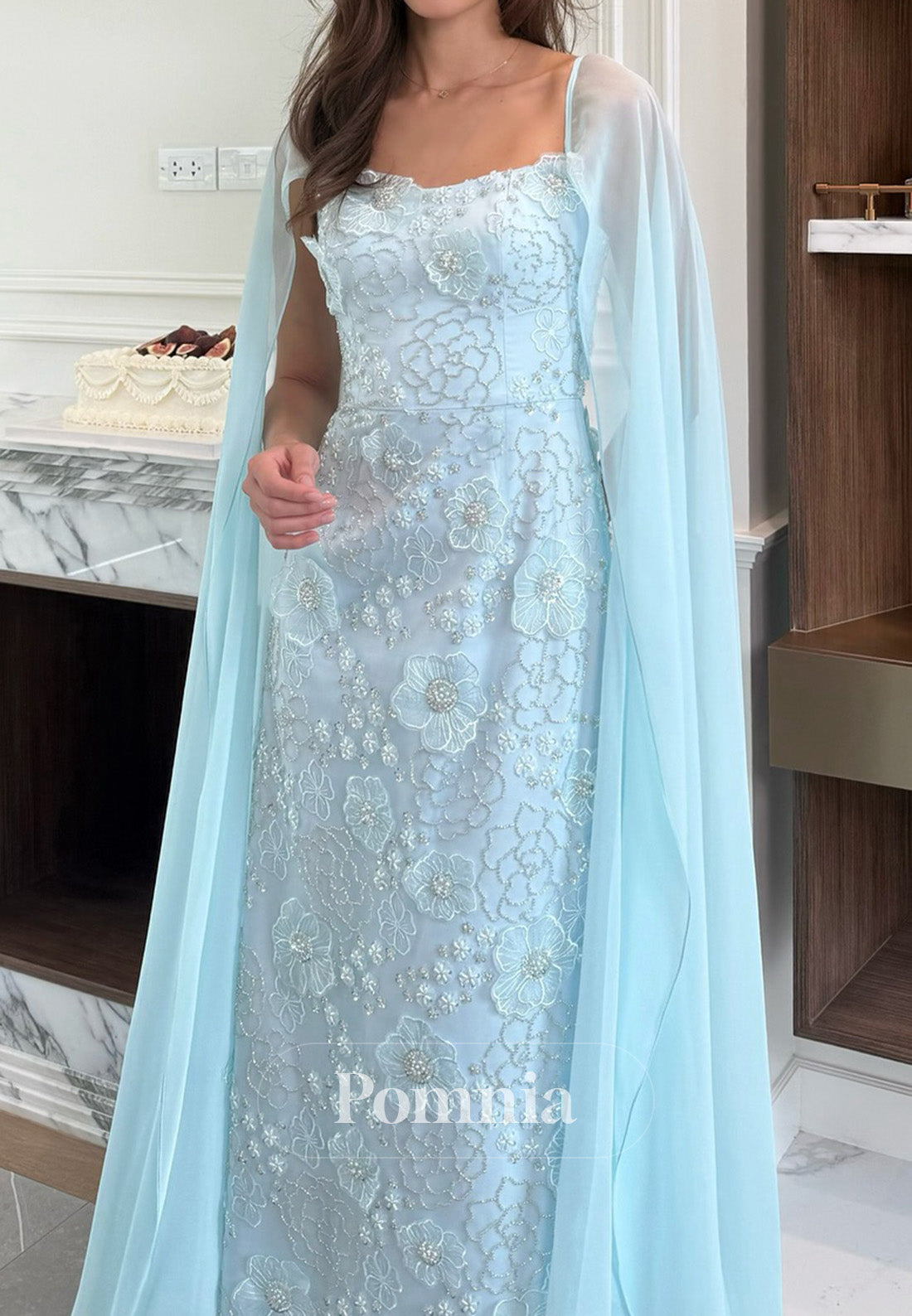 Simple Cape Square A-Line Floral Appliques Prom Dress