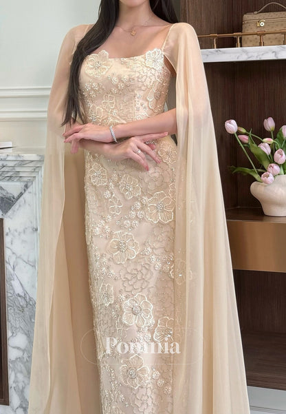 Simple Cape Square A-Line Floral Appliques Prom Dress