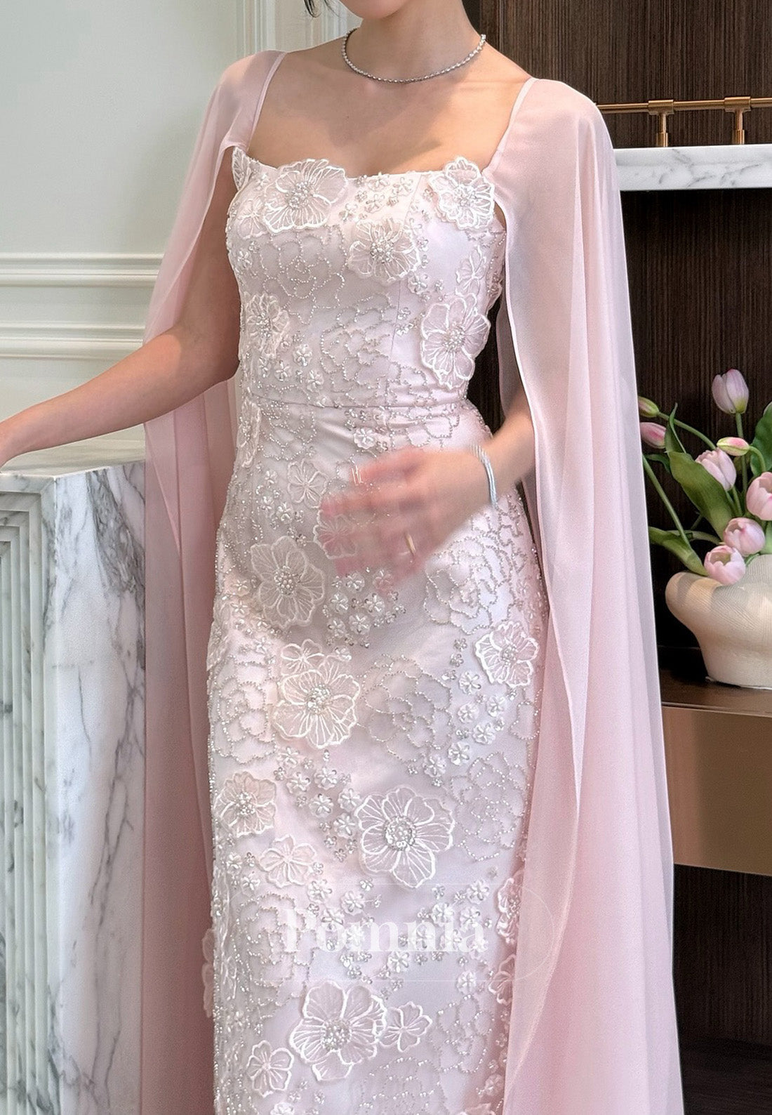 Simple Cape Square A-Line Floral Appliques Prom Dress