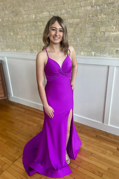Purple Evening Gown Mermaid Maxi Dress Ruched Spaghetti Strap
