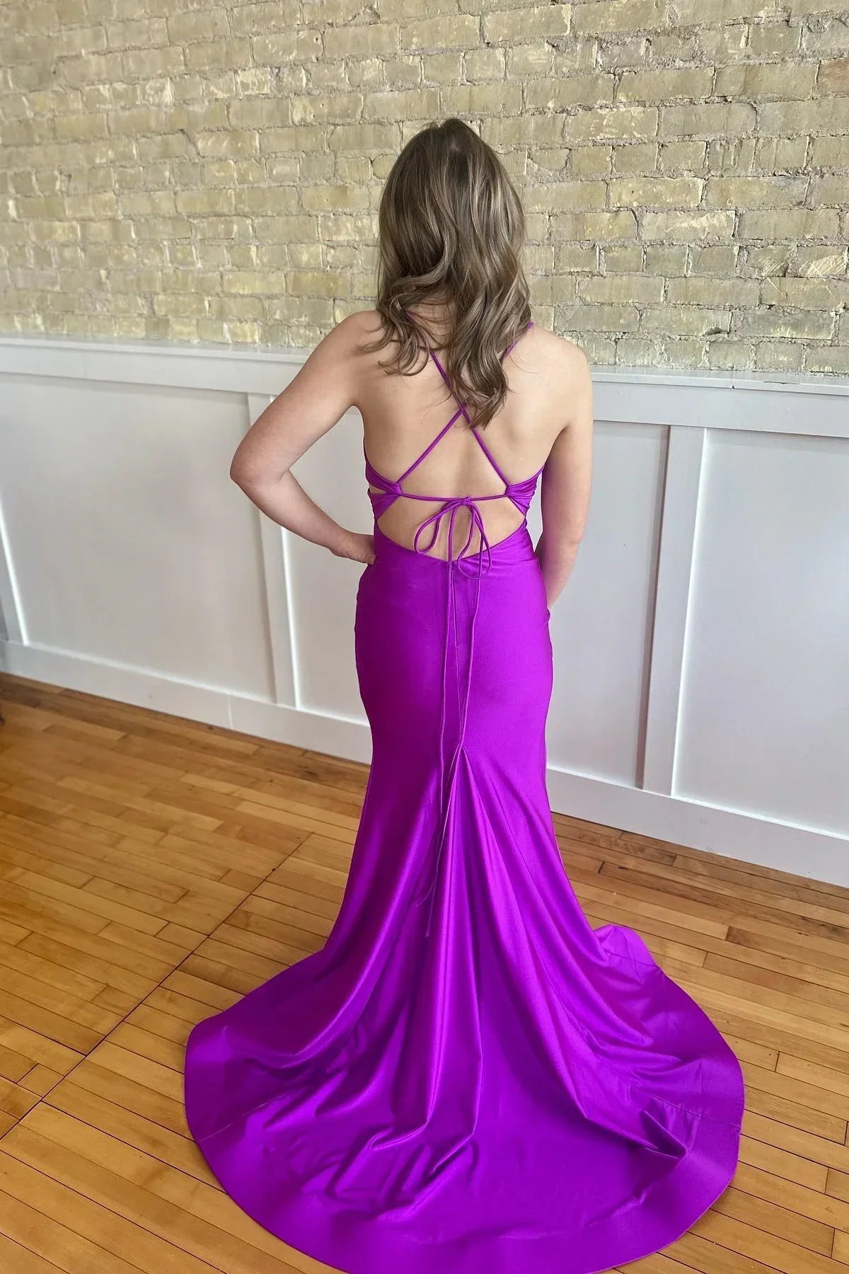 Purple Evening Gown Mermaid Maxi Dress Ruched Spaghetti Strap