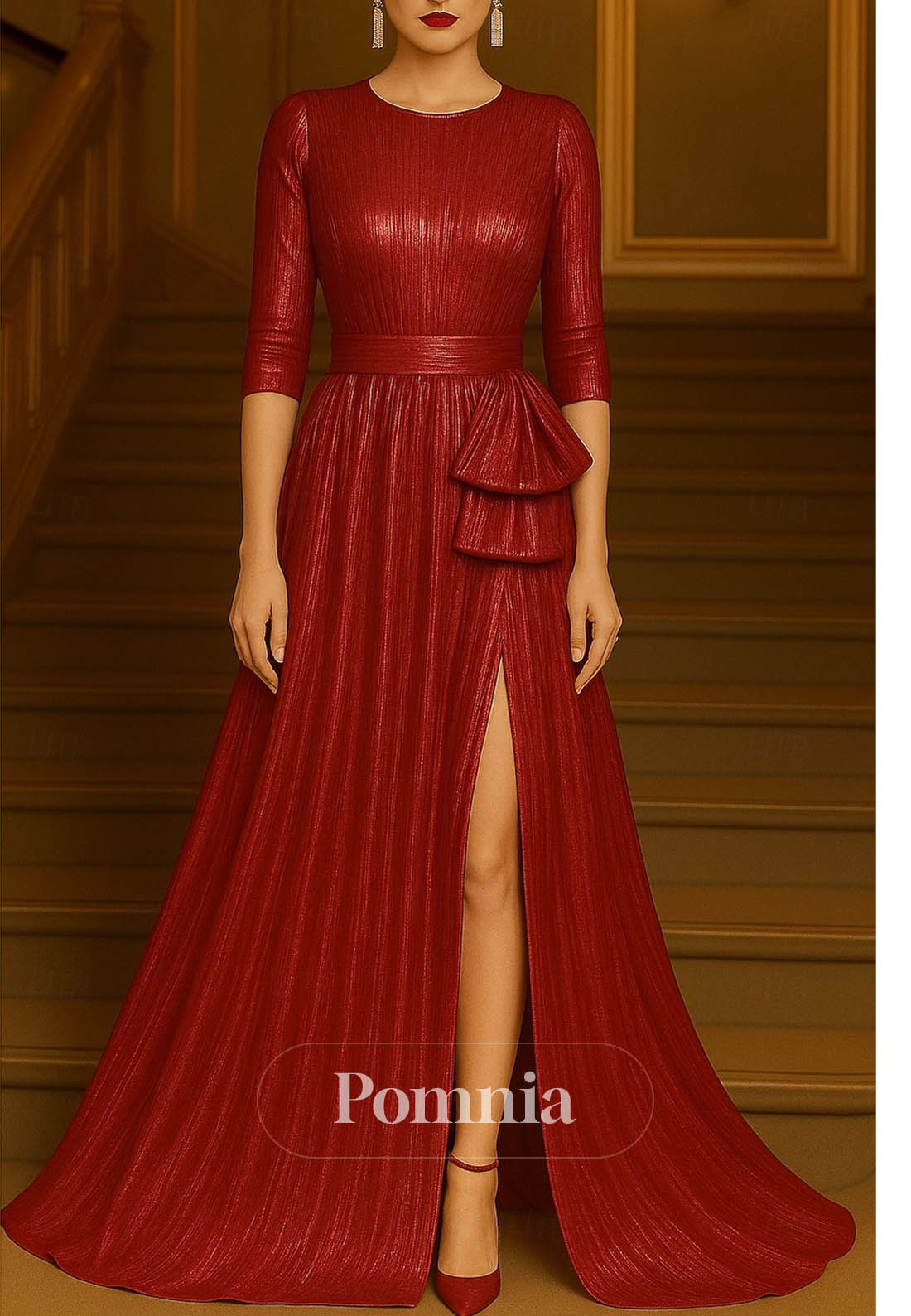 Crew Neck Formal Wedding Lurex Fabric with Glitter Pleats