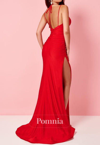 Red Spaghetti Straps V-Neck Slit Backless Prom Dress