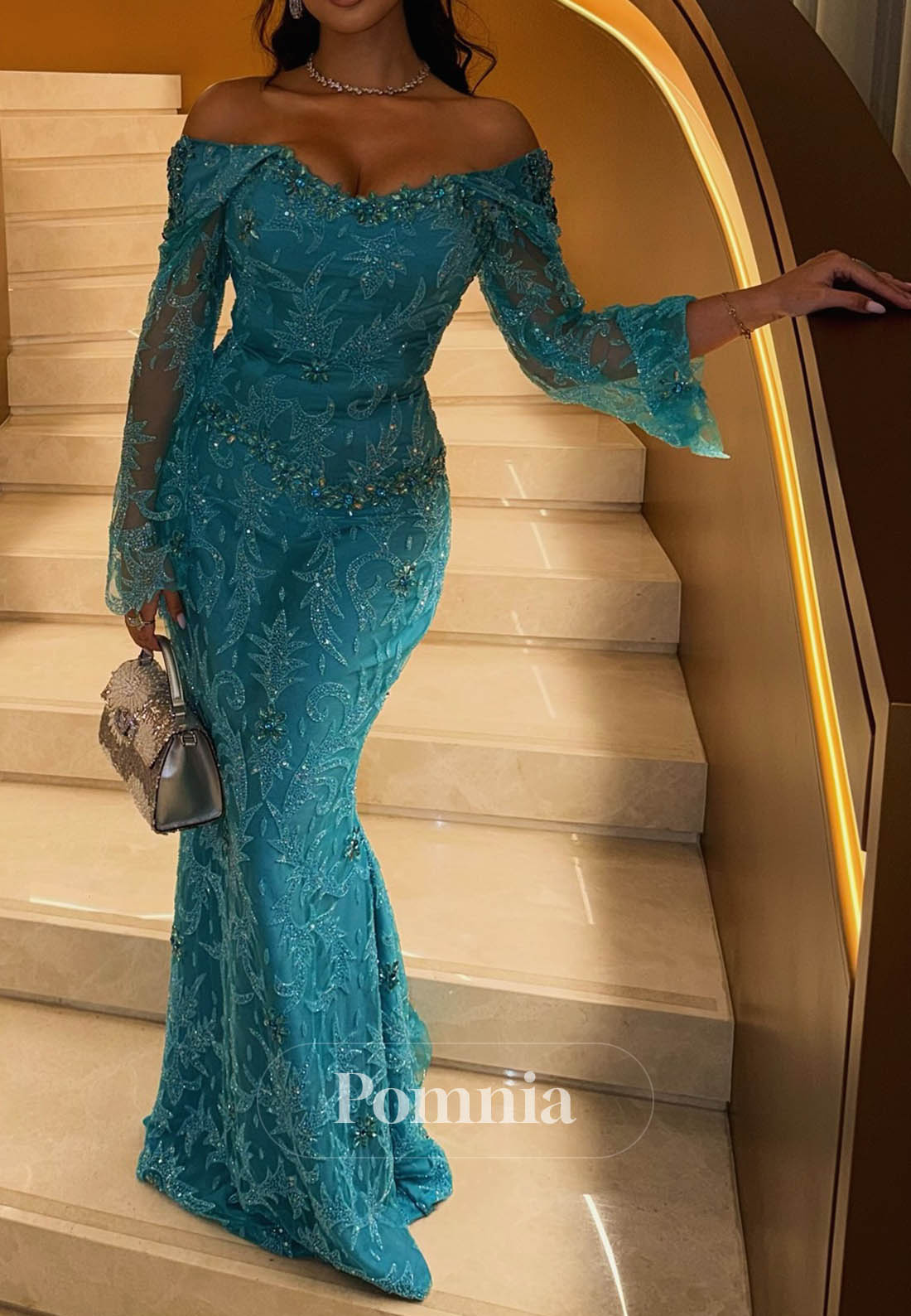 Pool Long Sleeves Off-Shoulder Appliques Evening Dress