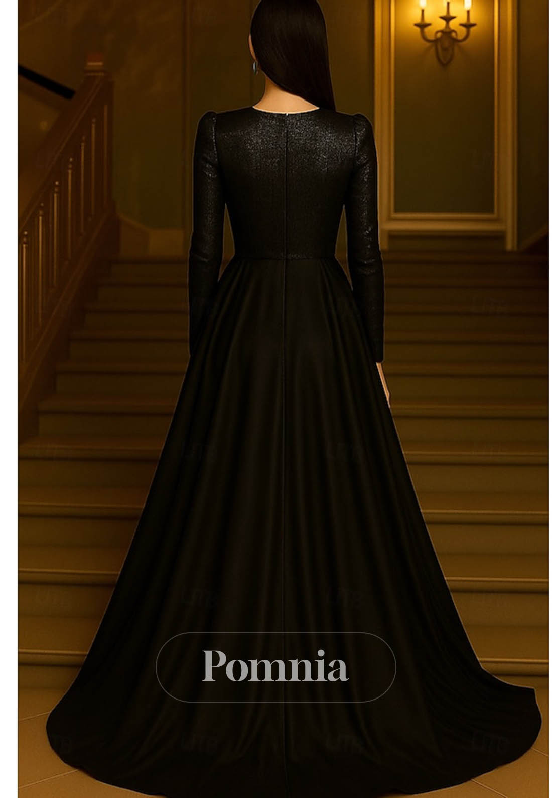 Black Long Sleeves V-Neck Empire-Waist Evening Dress