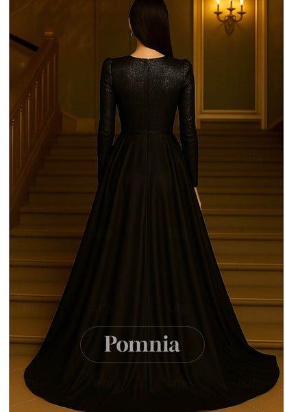 Black Long Sleeves V-Neck Empire-Waist Evening Dress