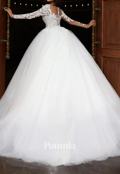 Regal Long Sleeves V-Neck A-Line Lace Wedding Dress