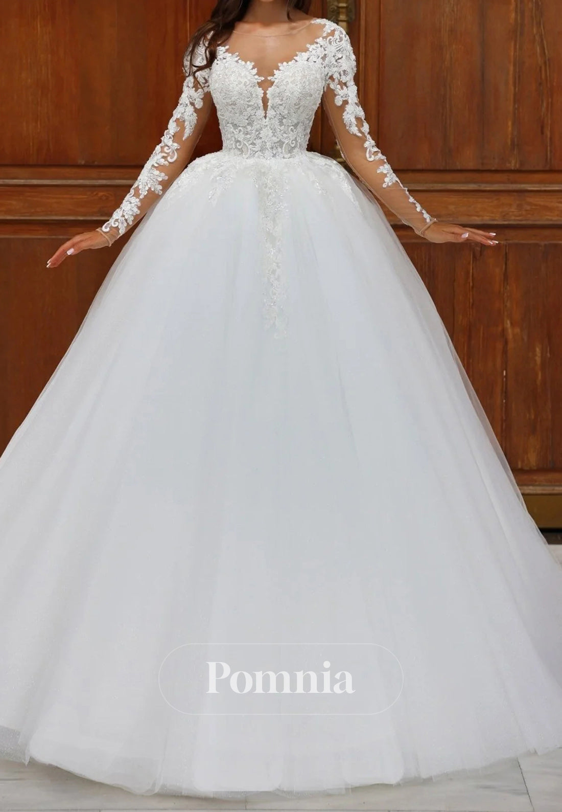 Regal Long Sleeves V-Neck A-Line Lace Wedding Dress