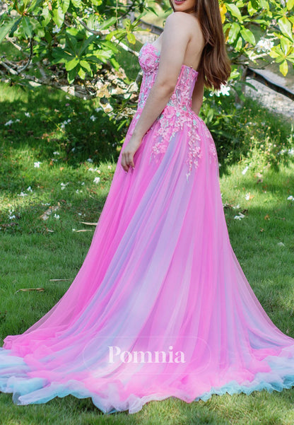 Charming A-Line Sleeveless Strapless Slit Lace Prom Dress