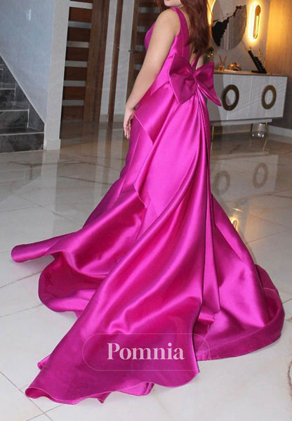 Orchid Spaghetti Straps V-Neck Bowknot Mermaid Prom Dress