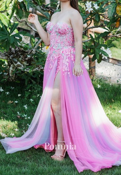 Charming A-Line Sleeveless Strapless Slit Lace Prom Dress
