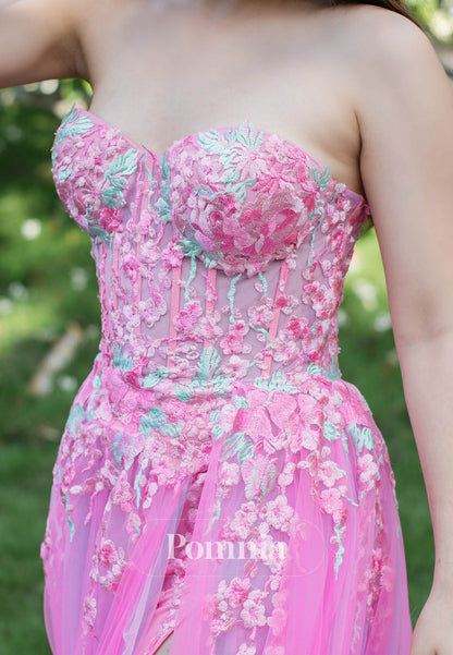 Charming A-Line Sleeveless Strapless Slit Lace Prom Dress