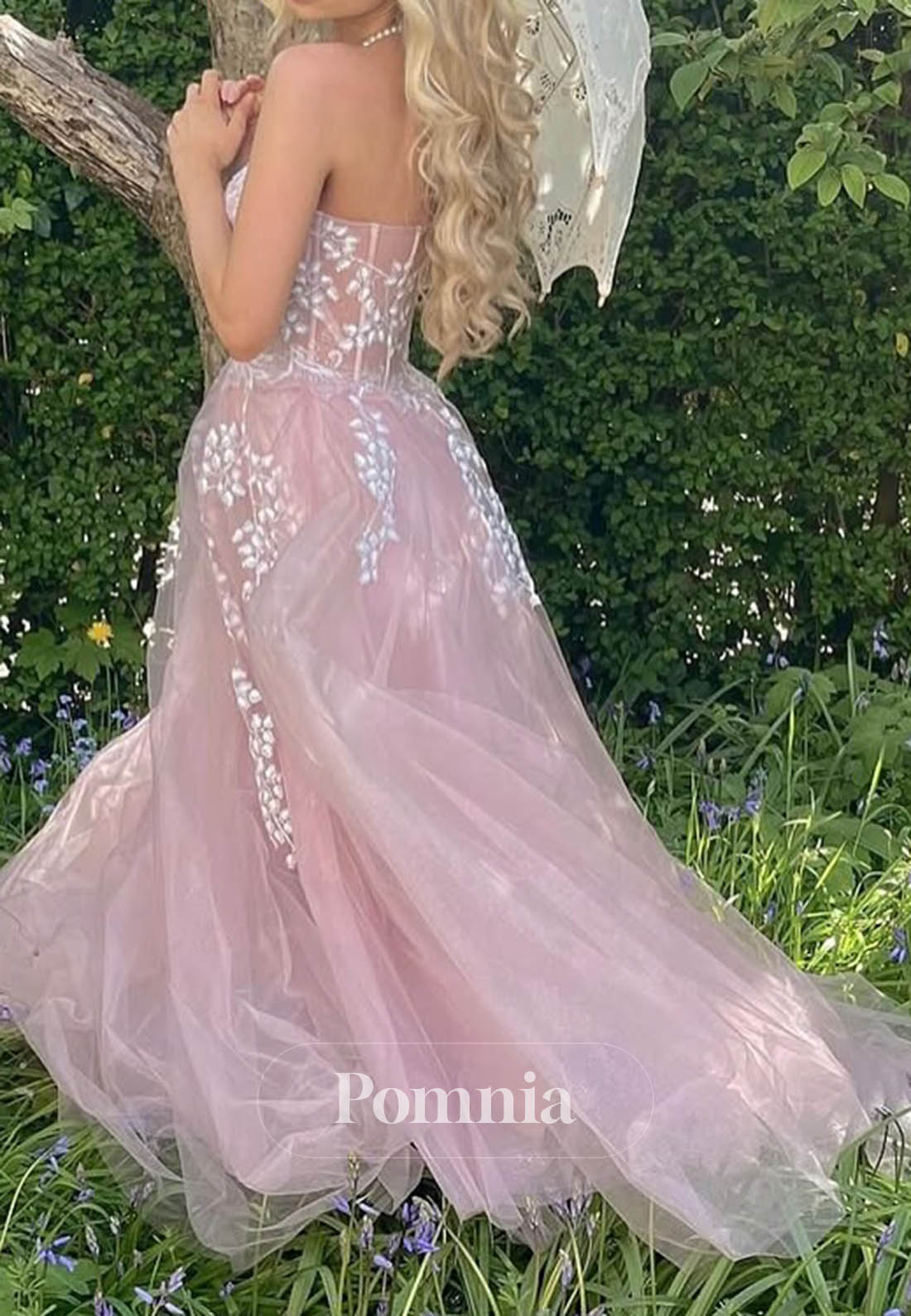 Blushing Pink Sleeveless Strapless Floral Appliques Prom Dress