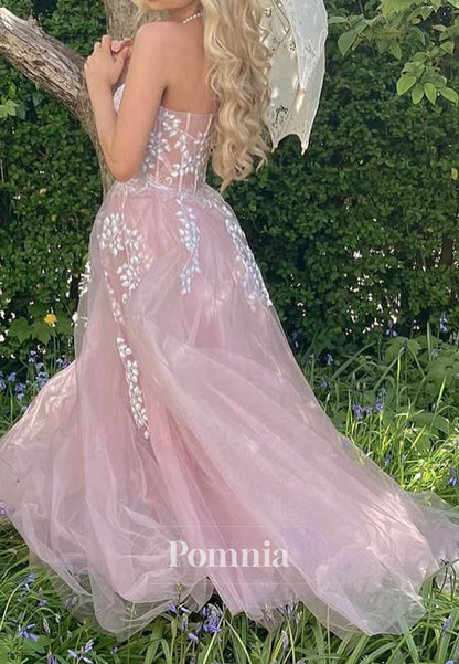 Blushing Pink Sleeveless Strapless Floral Appliques Prom Dress