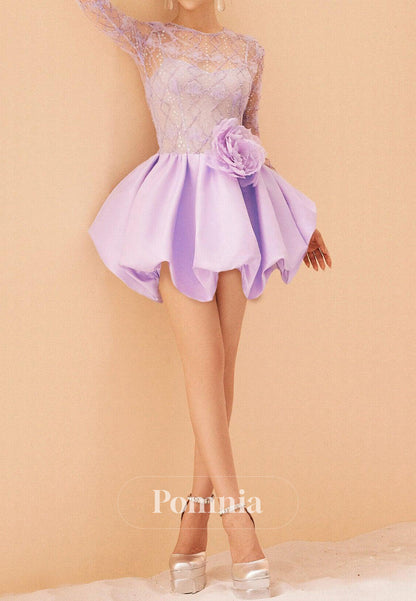 Lilac Long Sleeves High Scoop Tulle Mini Homecoming Dress
