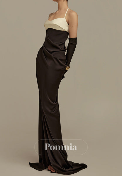 Black Halter Sleeveless Backless Satin Evening Dress