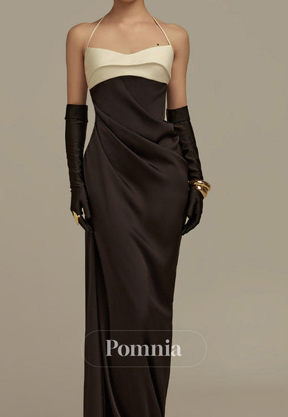 Black Halter Sleeveless Backless Satin Evening Dress